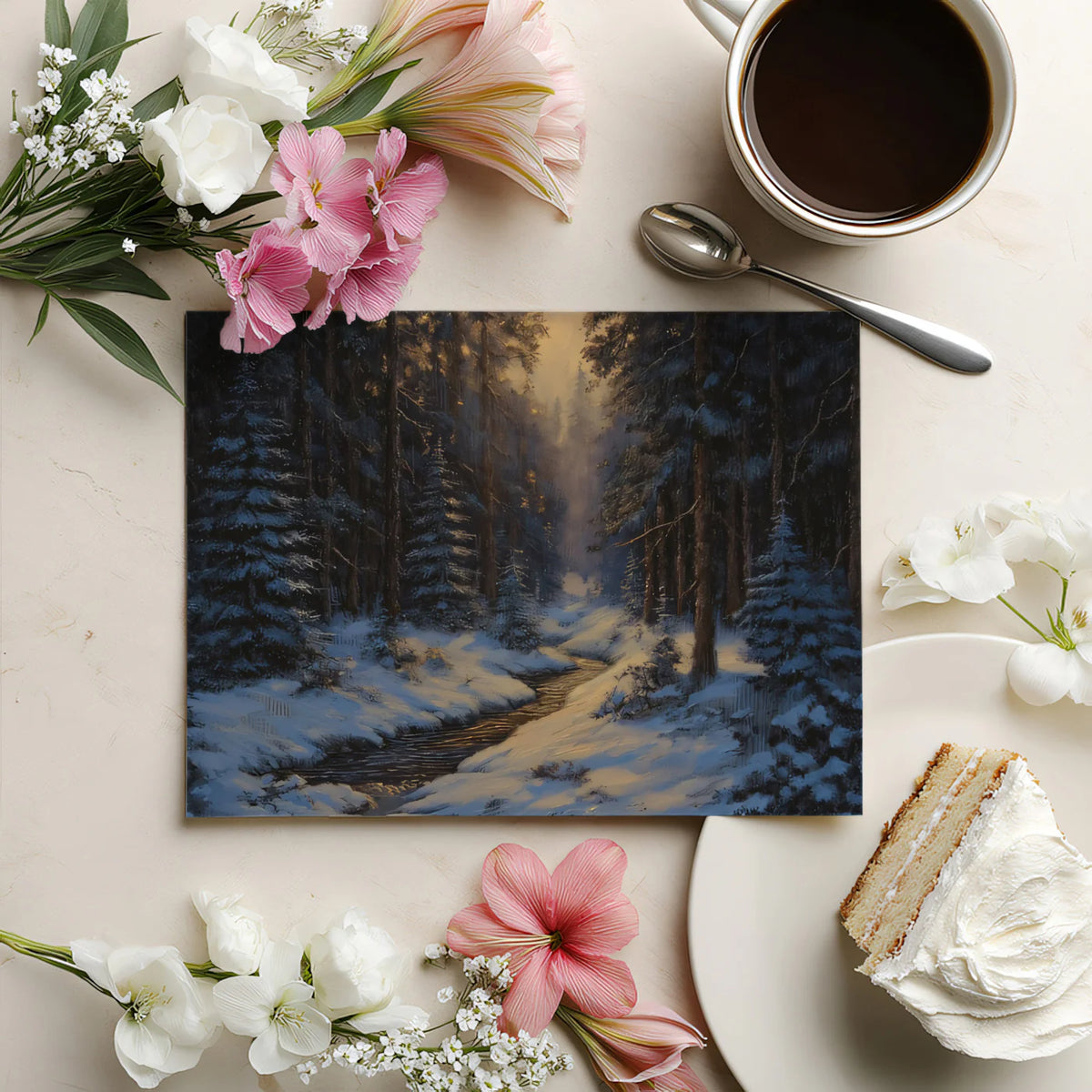 Snowy Winter Forest Stream Mural Wallpaper — Moody Landscape Decor Mural Wallpaper - room preview 03