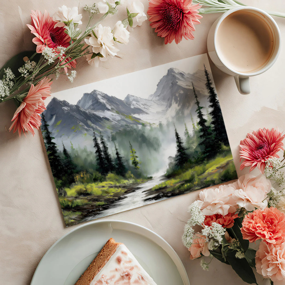 Alpine Mist Mountain Landscape Mural Wallpaper —Oil Painting Style Mural Wallpaper - room preview 03