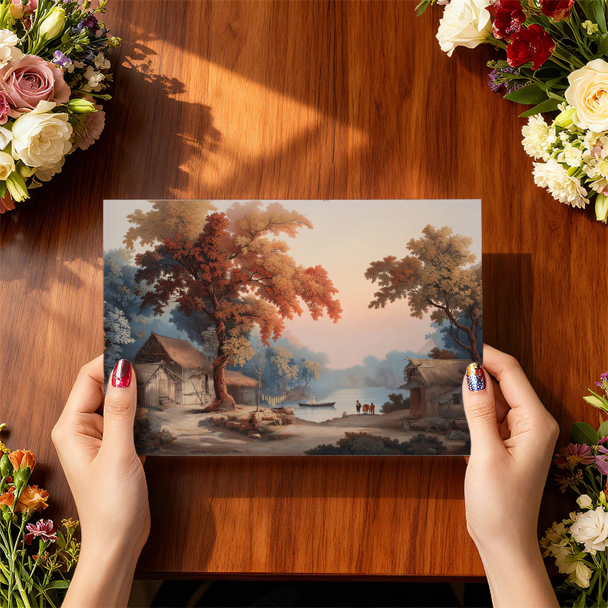 Rustic Riverbank Village Mural — Classical Landscape Wall Art Mural Wallpaper - room preview 03