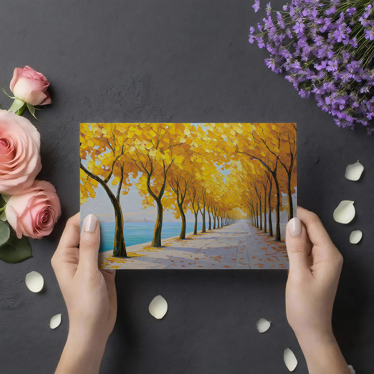 Golden Autumn Waterfront Mural — Impressionist Oil Painting Style Mural Wallpaper - room preview 03