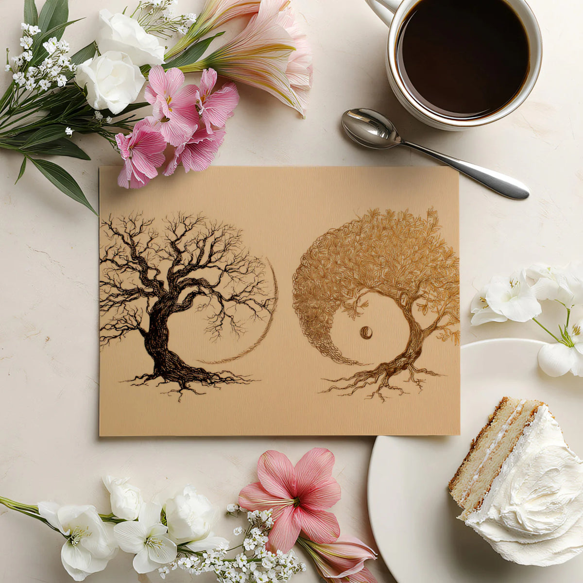 Dual Nature Yin-Yang Tree Mural Wallpaper — Fine Line Art Mural Wallpaper - room preview 03