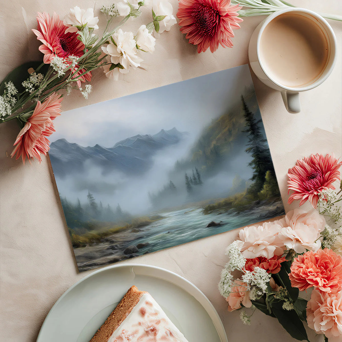 Misty Alpine Valley Mural — Impressionistic Mountain Landscape Mural Wallpaper - room preview 03