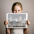 Snowy Vintage Cityscape Mural Wallpaper —Classic Urban Illustration Mural Wallpaper - room preview 03