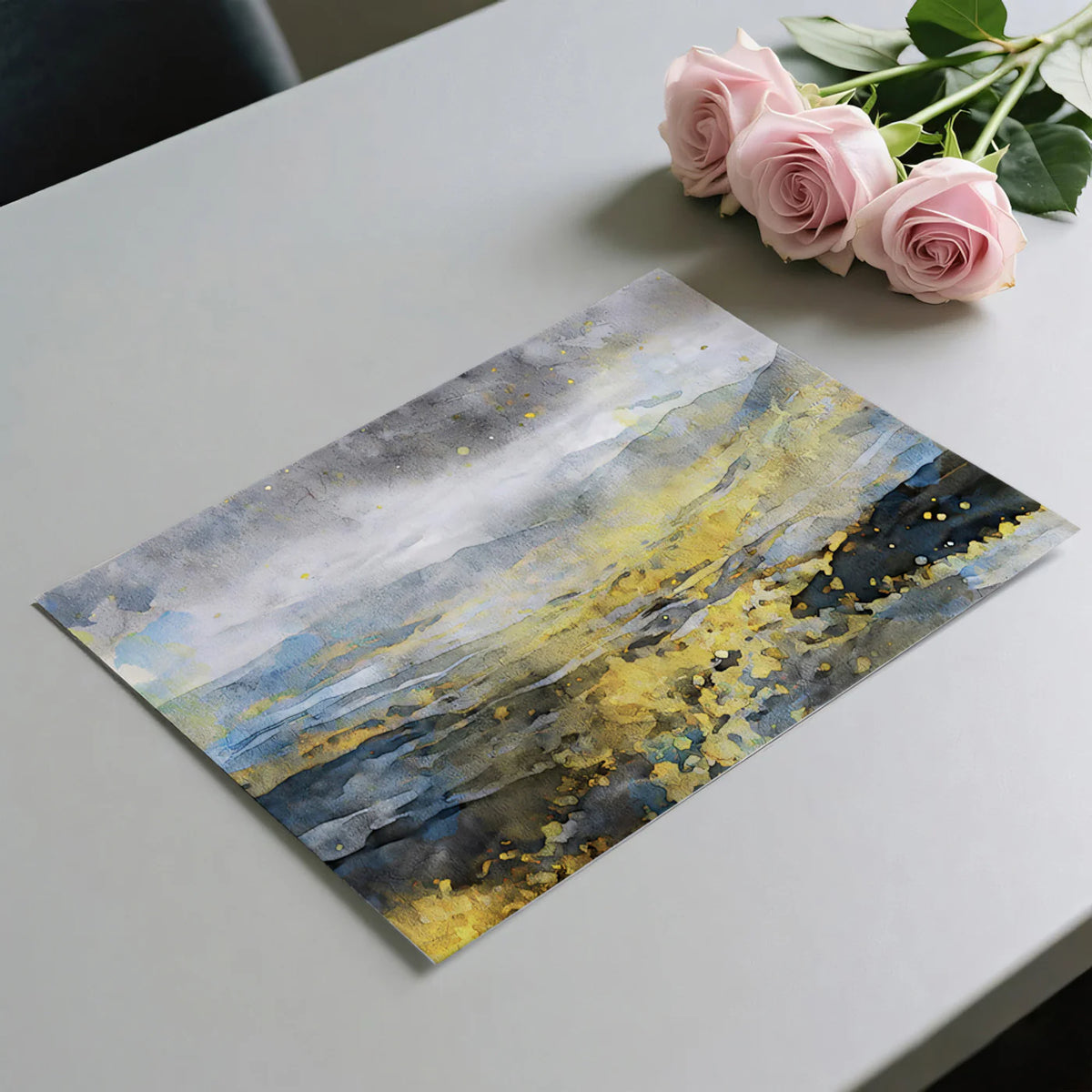 Golden Mist Mountain Mural Wallpaper — Abstract Watercolor Landscape Mural Wallpaper - room preview 03