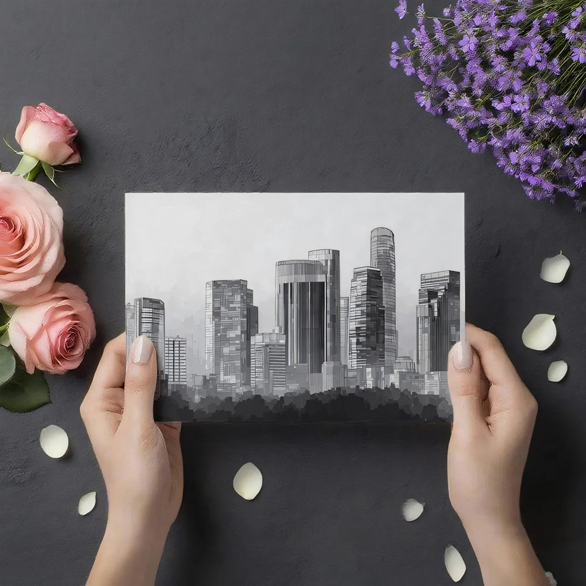 Minimalist City Silhouette Mural Wallpaper in Charcoal and Gray Mural Wallpaper - room preview 03