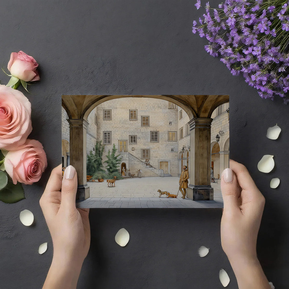 Renaissance Courtyard Mural Wallpaper — Classic Sketch Illustration Mural Wallpaper - room preview 03