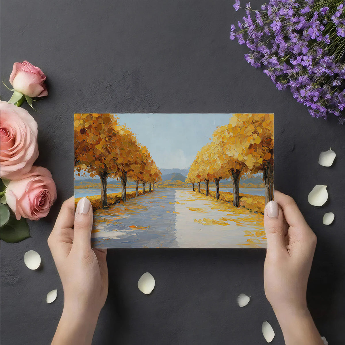 Golden Lakeside Promenade Mural — Impressionist Autumn Landscape Mural Wallpaper - room preview 03