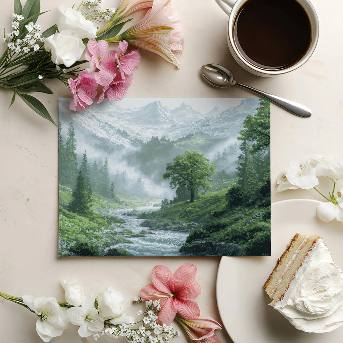 Misty Alpine Valley Mural Wallpaper — Impressionistic Mountain Scene Mural Wallpaper - room preview 03