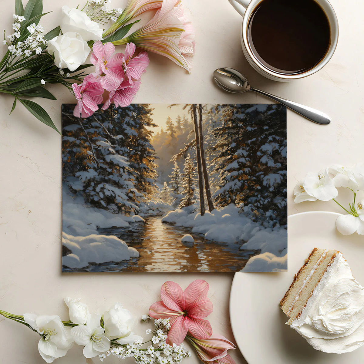 Sunlit Winter Brook Mural Wallpaper — Impressionist Forest Scene Mural Wallpaper - room preview 03