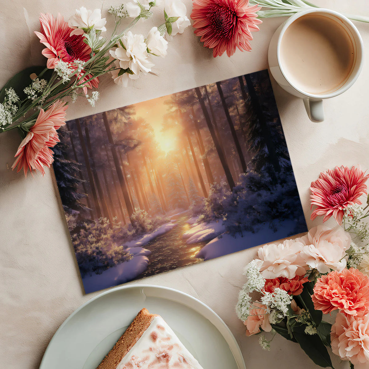 Winter Sunset Pine Forest Mural Wallpaper — Cinematic Scenic Decor Mural Wallpaper - room preview 03