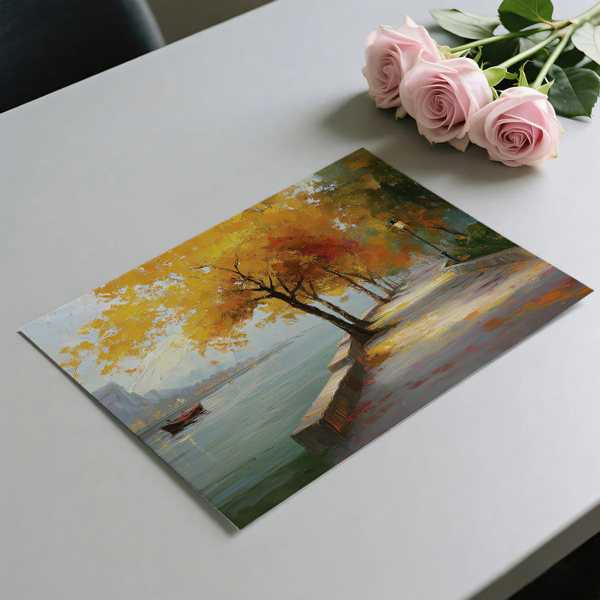 Autumn Lakeside Promenade Mural Wallpaper — Impressionistic Park Scene Mural Wallpaper - room preview 03