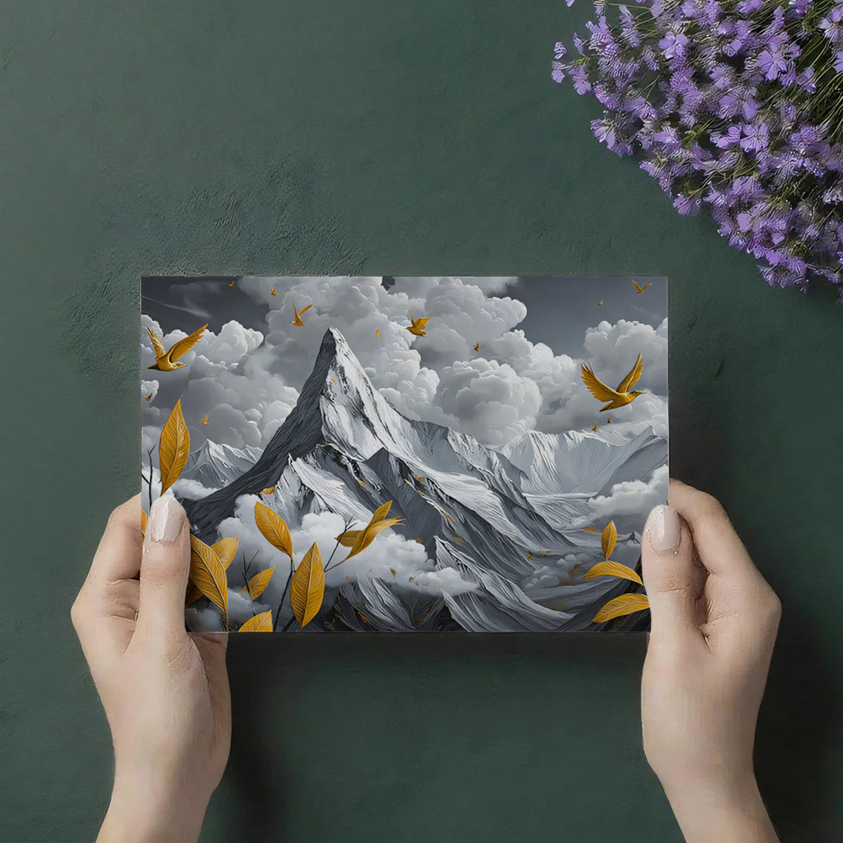Golden Peaks and Flying Birds Mural Wallpaper — Surreal Landscape Mural Wallpaper - room preview 03