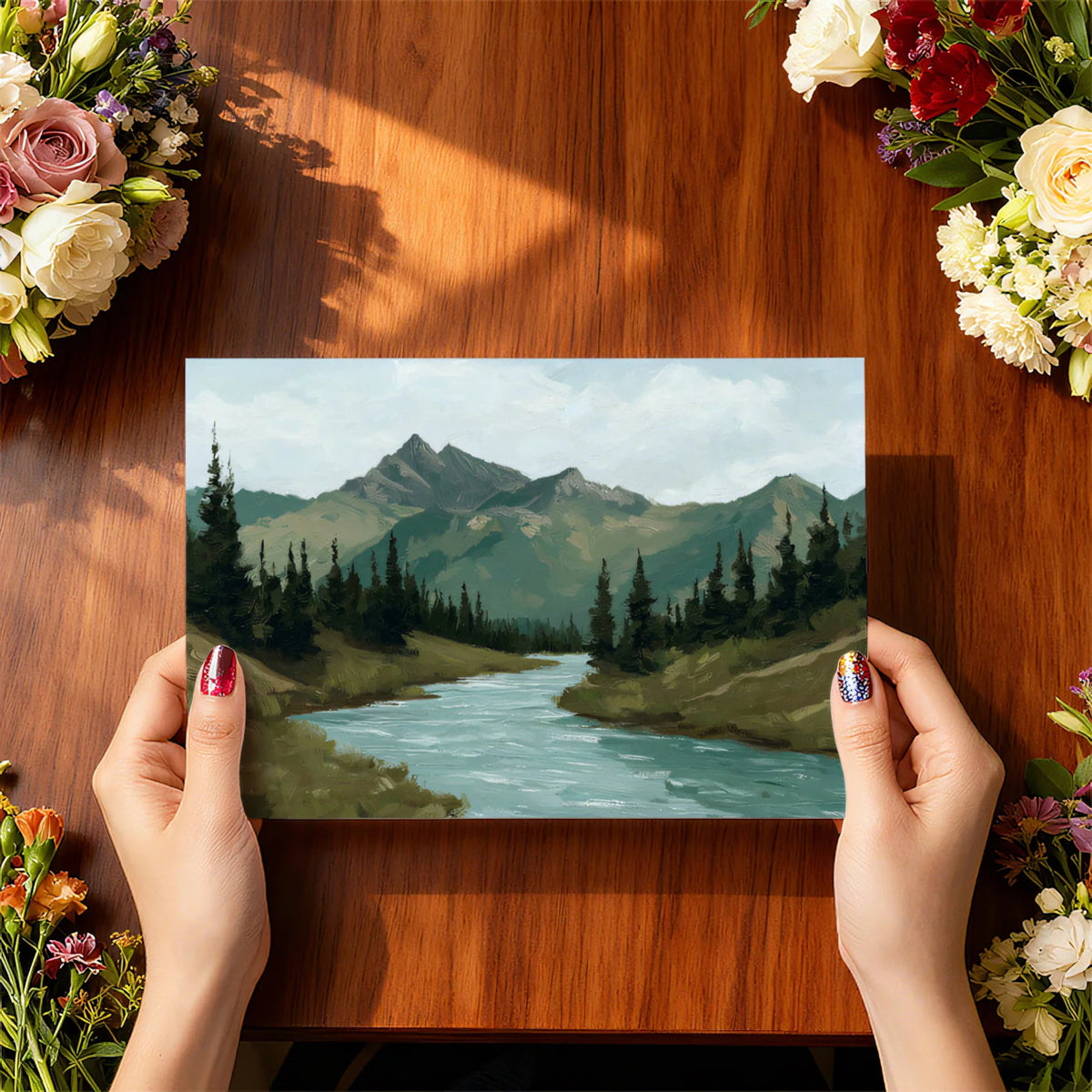 Alpine River Valley Mural Wallpaper — Oil Painting Style Mural Wallpaper - room preview 03