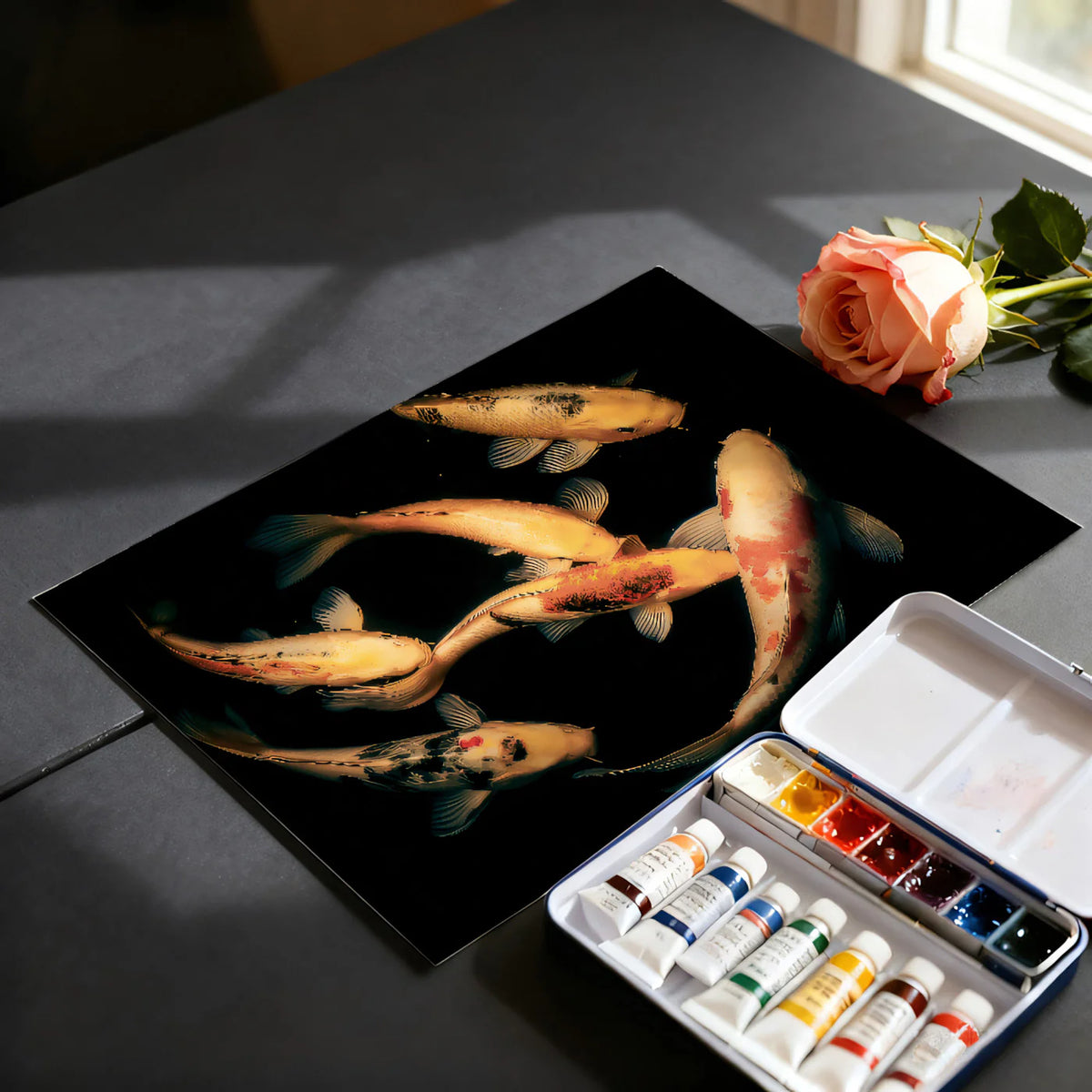Golden Koi Swirl Mural Wallpaper — Artistic Fluid Art Pattern Mural Wallpaper - room preview 03