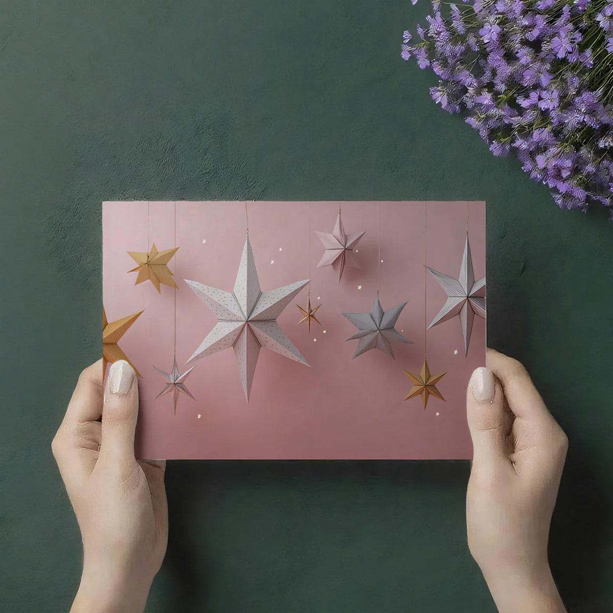 Hanging Paper Star Mural Wallpaper — Whimsical Soft Pink Decor Mural Wallpaper - room preview 03