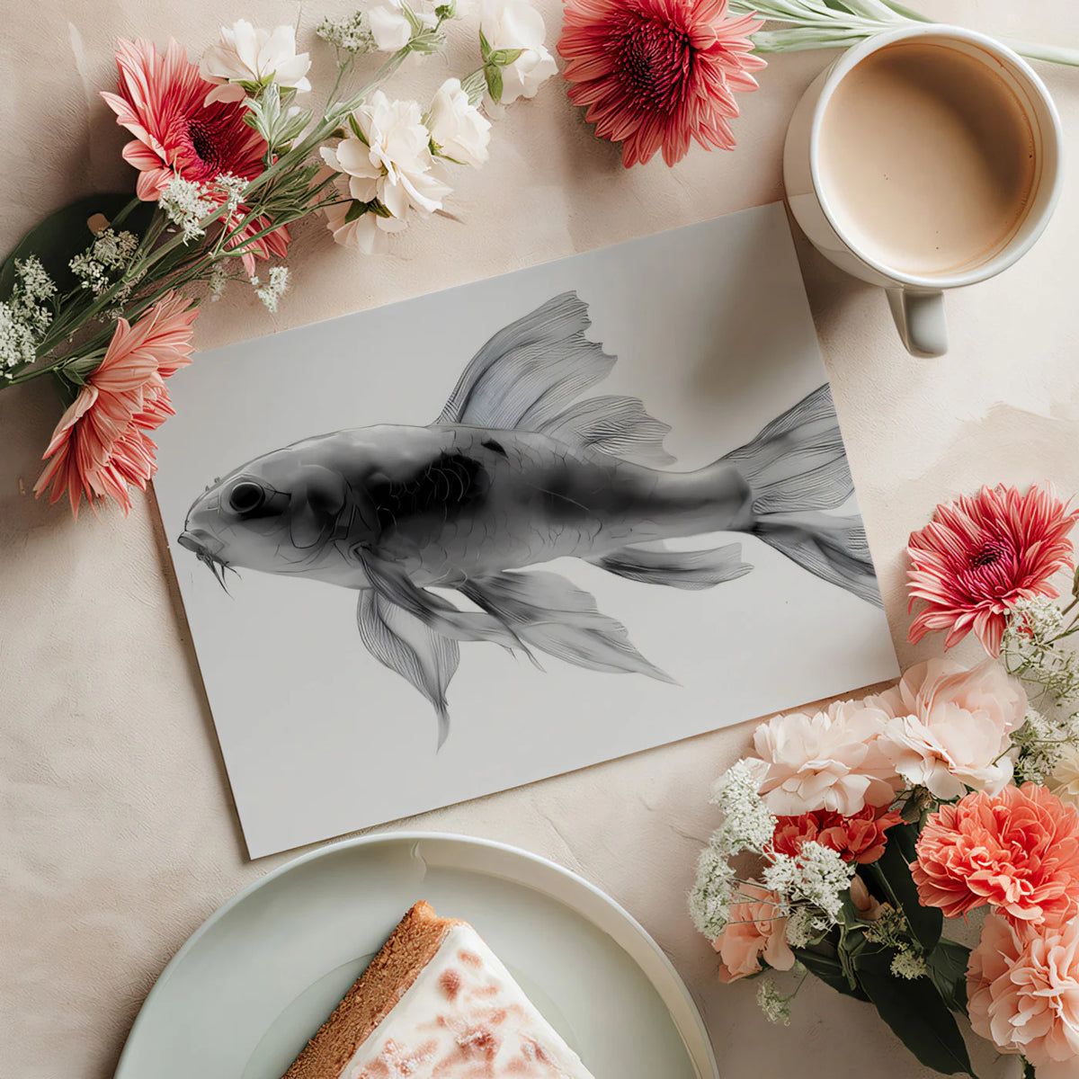 Transparent Koi Fish Mural Wallpaper — Minimalist Ink Style Mural Wallpaper - room preview 03