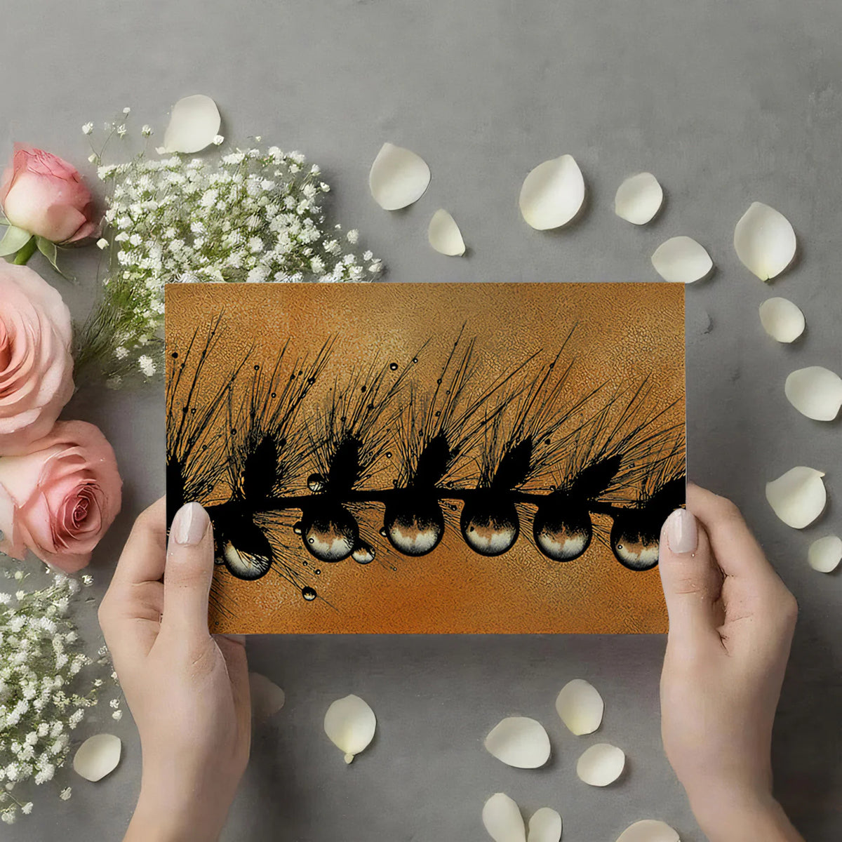 Macro Dewdrop Grass Mural Wallpaper — Warm Amber Botanical Art Mural Wallpaper - room preview 03