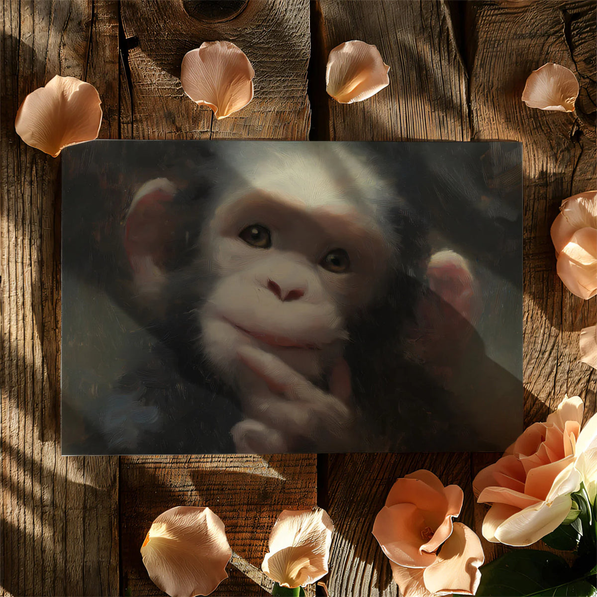 Contemplative Baby Chimp Oil Painting Mural Wallpaper - room preview 03