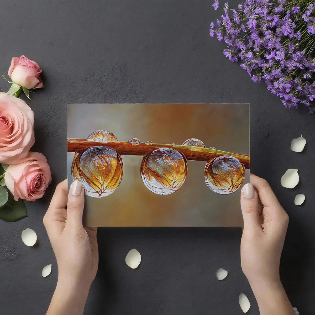 Golden Dewdrop Macro Mural Wallpaper — Artistic Botanical Detail Mural Wallpaper - room preview 03