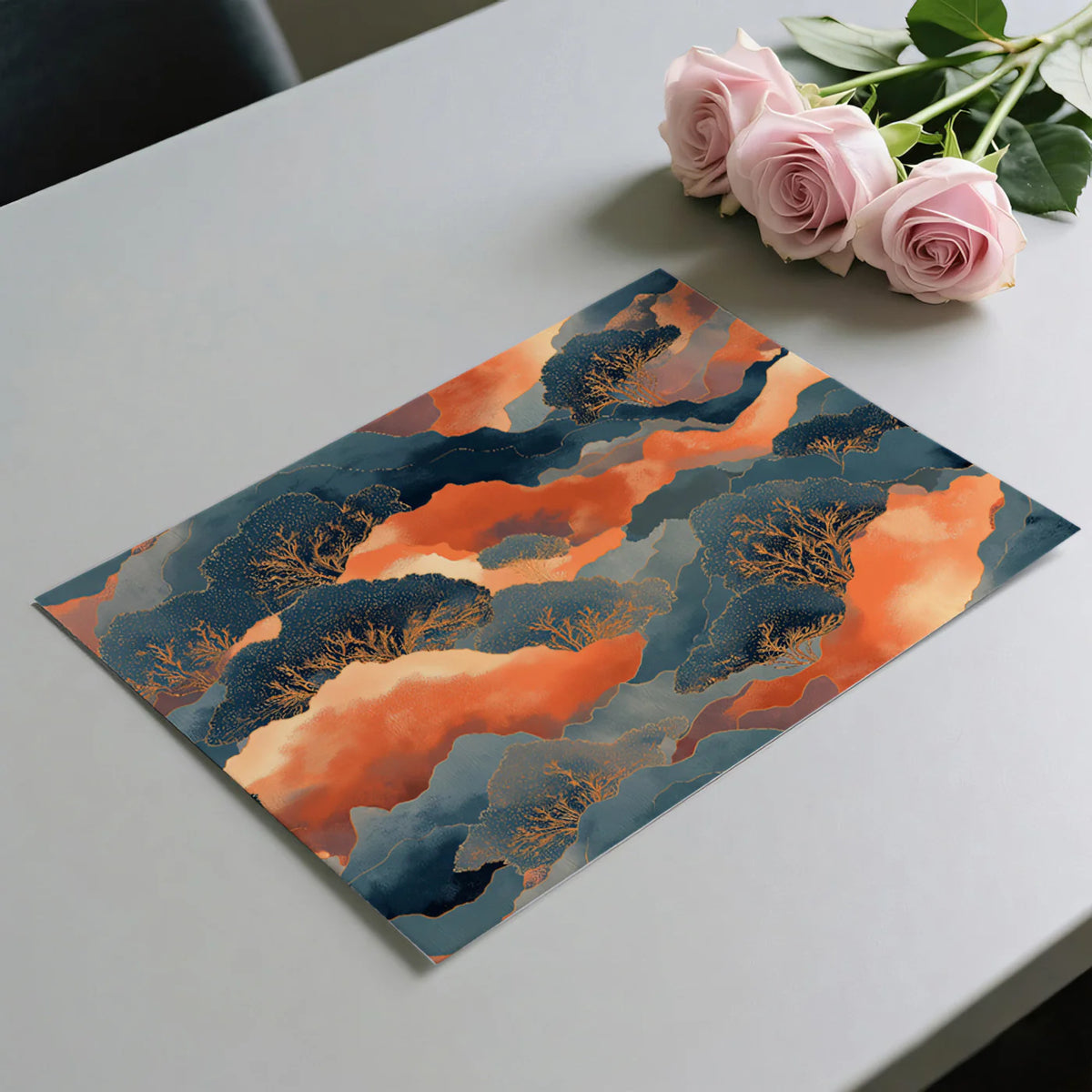 Abstract Sunset Landscape Mural Wallpaper in Teal and Burnt Orange Mural Wallpaper - room preview 03