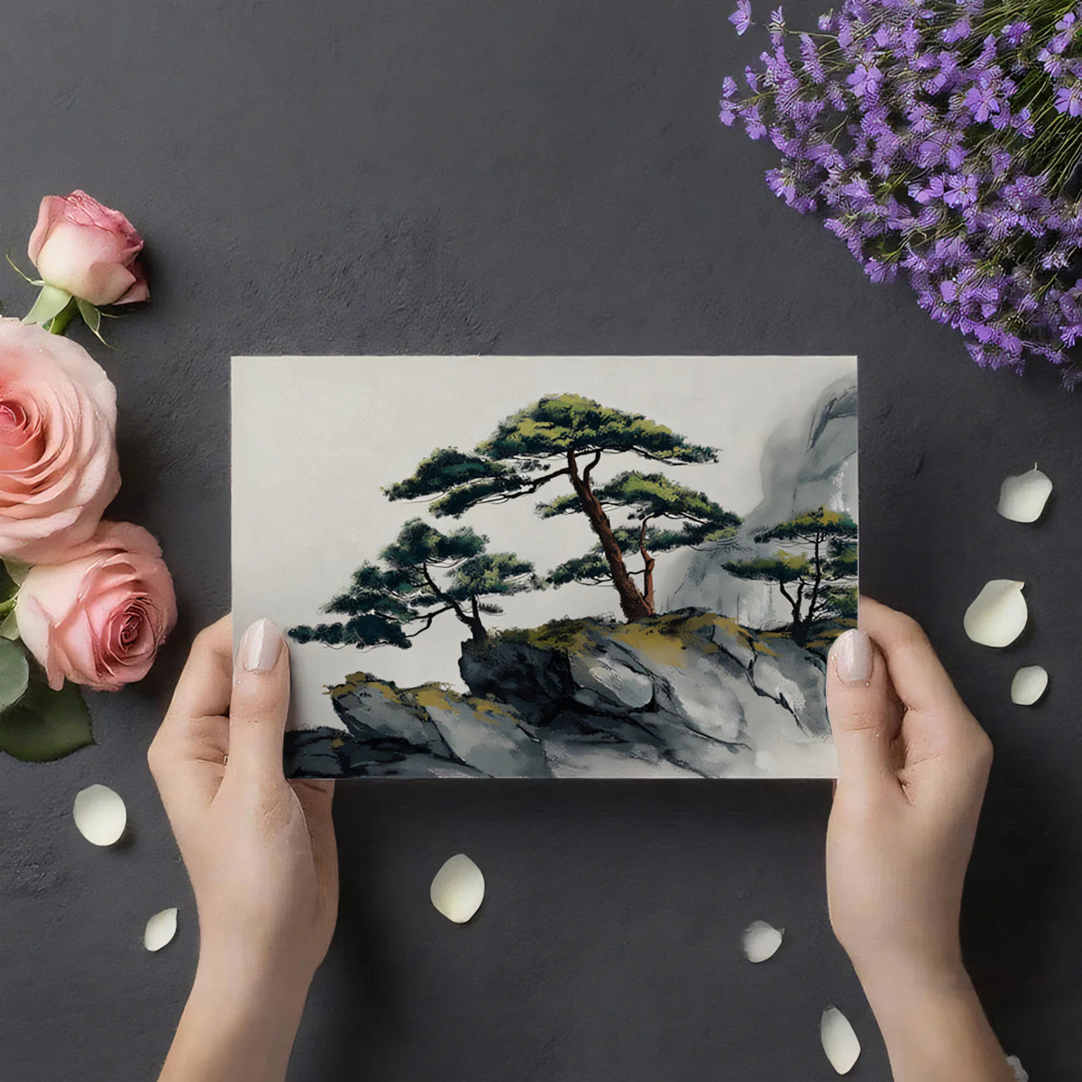 Zen Mountain Pine Mural Wallpaper — Ink Wash Landscape Mural Wallpaper - room preview 03