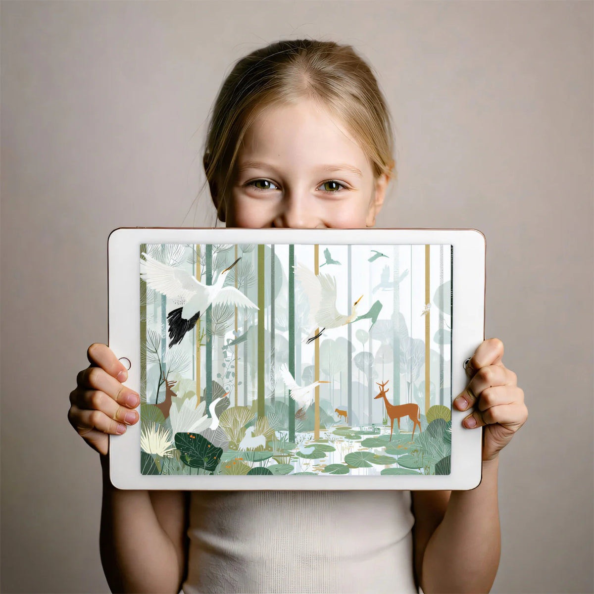 Egrets and Forest Wetlands Mural Wallpaper — Ethereal Nature Scene Mural Wallpaper - room preview 03
