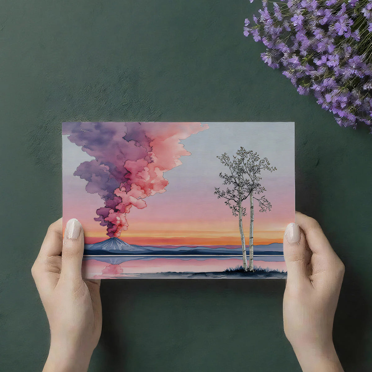 Watercolor Sunset Mountain Mural Wallpaper — Dreamy Lakeside Landscape Mural Wallpaper - room preview 03