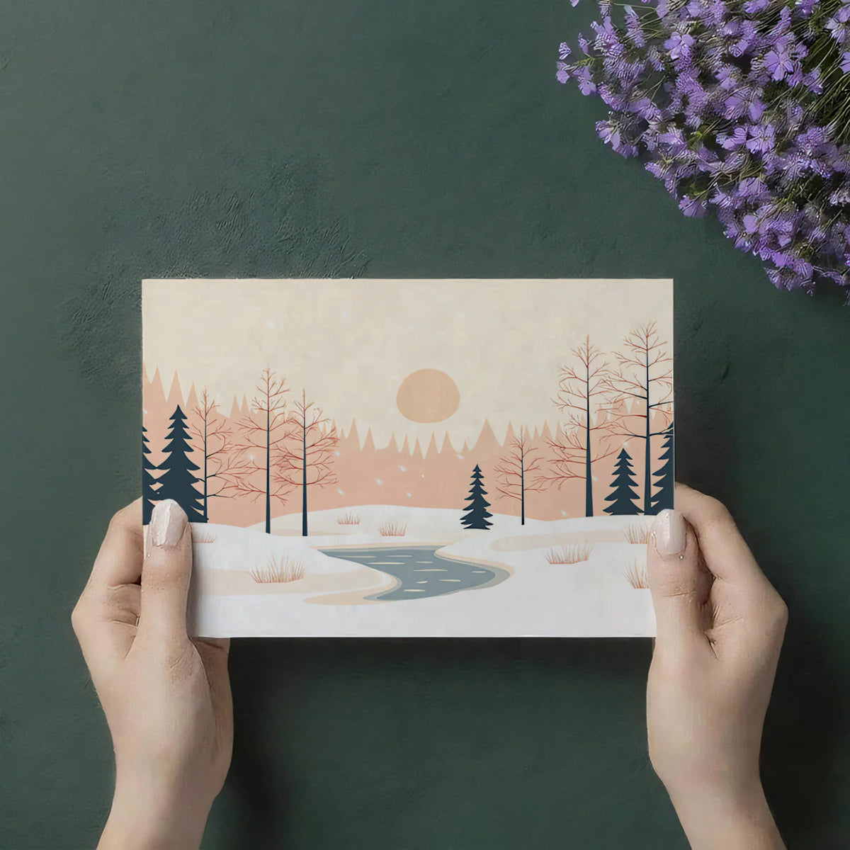 Minimalist Winter Landscape Mural Wallpaper — Soft Peach and Charcoal Mural Wallpaper - room preview 03