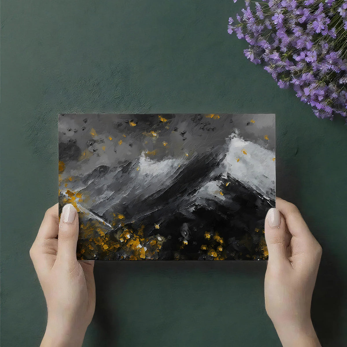 Impasto Mountain Peak Mural Wallpaper in Charcoal and Gold Mural Wallpaper - room preview 03