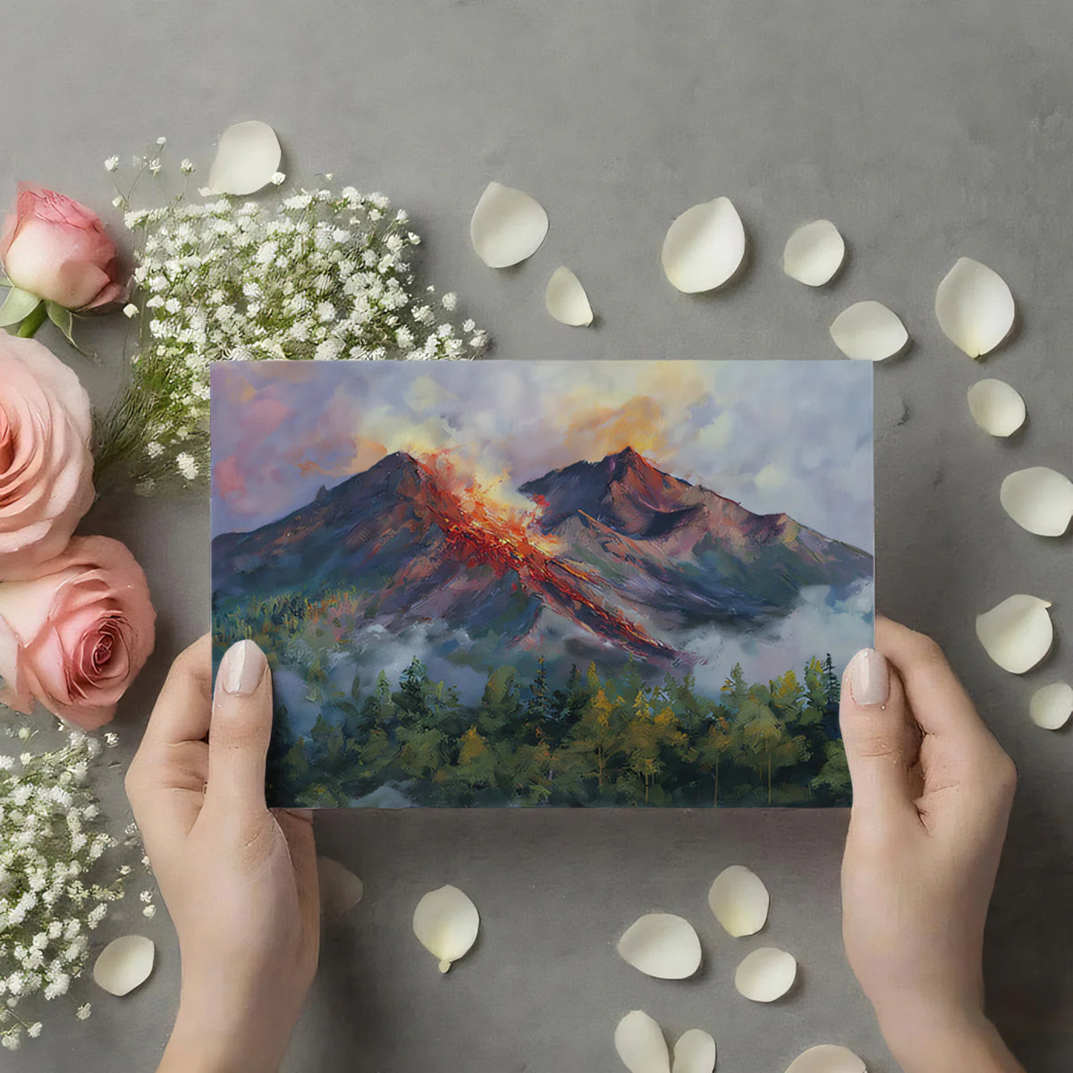 Fiery Mountain Peak Mural Wallpaper — Dramatic Oil Painting Scene Mural Wallpaper - room preview 03