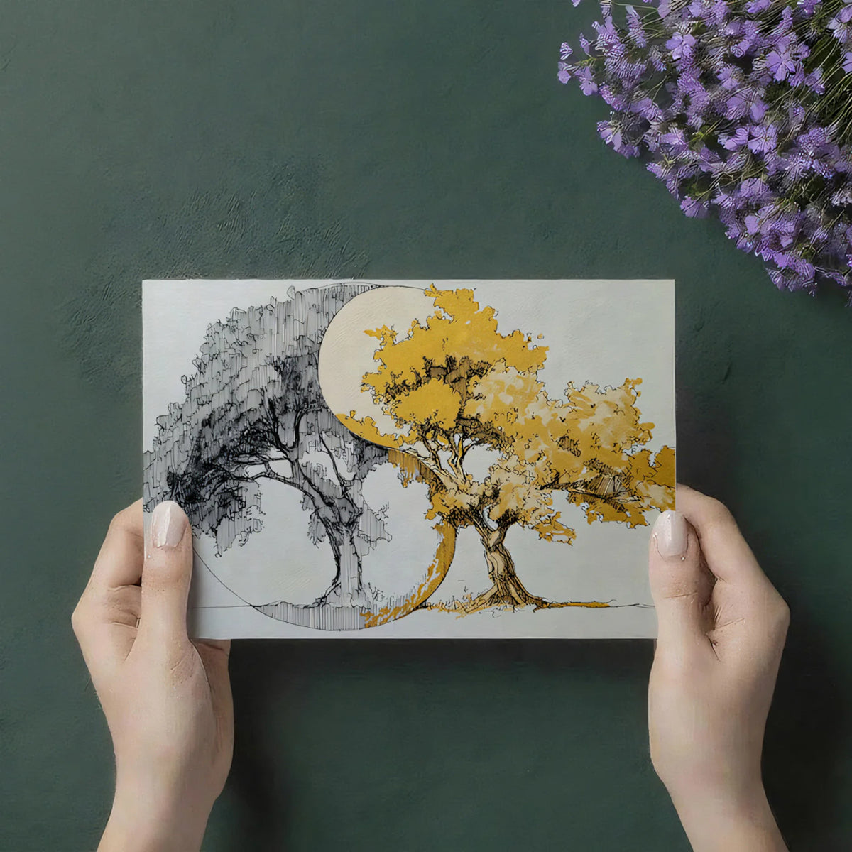 Yin-Yang Tree of Life Mural Wallpaper — Artistic Ink Sketch Mural Wallpaper - room preview 03