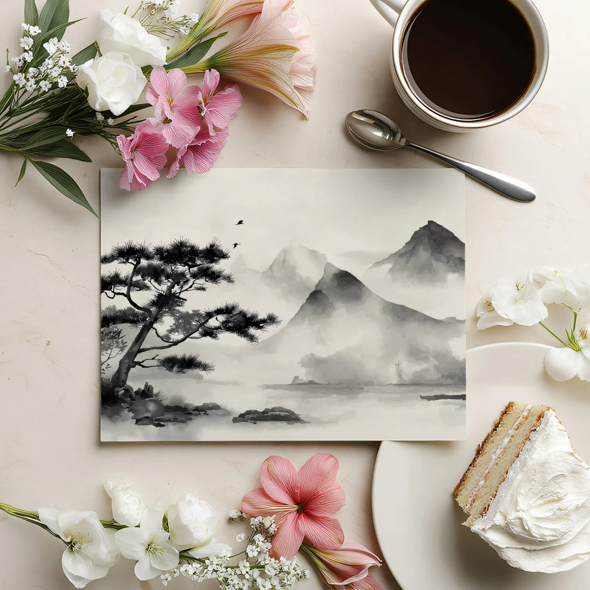 Mist-Shrouded Mountainscape Mural Wallpaper — Ink Wash Landscape Mural Wallpaper - room preview 03