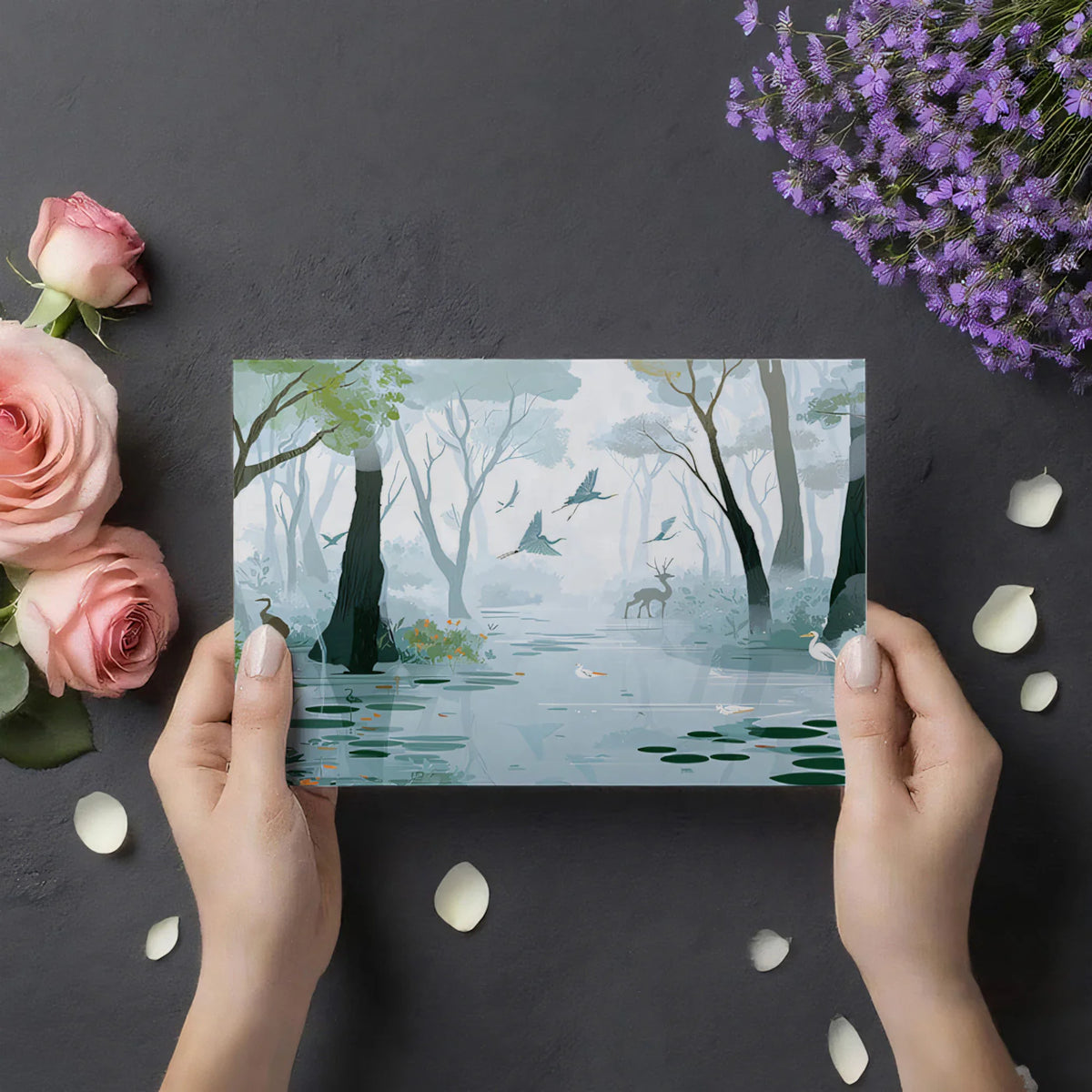 Misty Wetland Wildlife Mural Wallpaper — Ethereal Nature Scene Mural Wallpaper - room preview 03