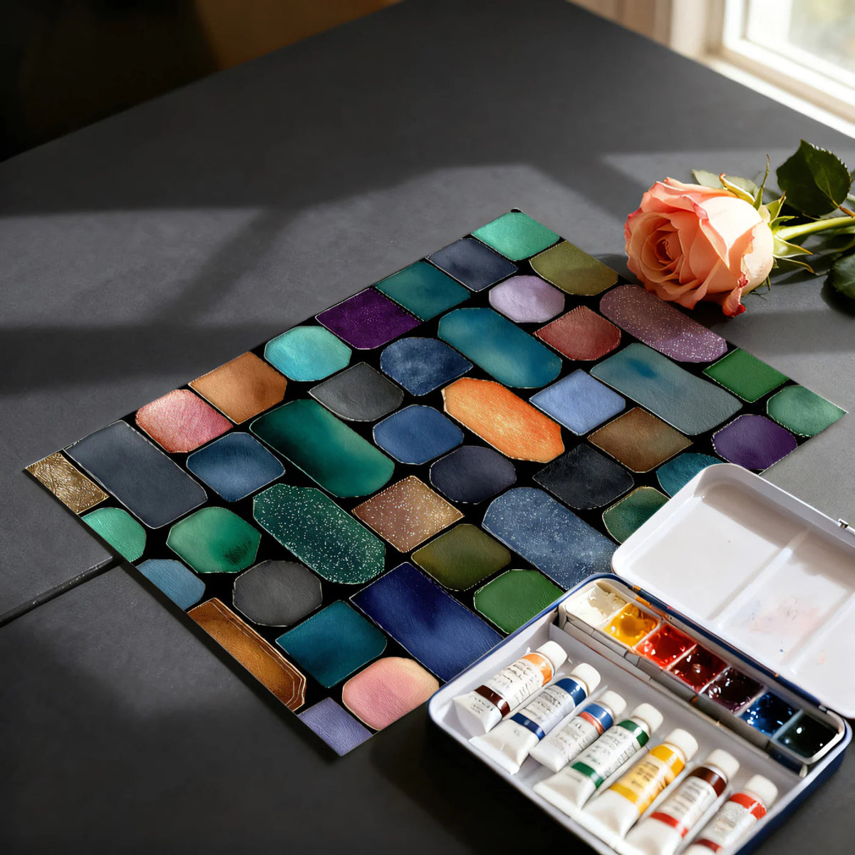 Watercolor Gemstone Mosaic Mural Wallpaper — Multi-Color Grid Pattern Mural Wallpaper - room preview 03