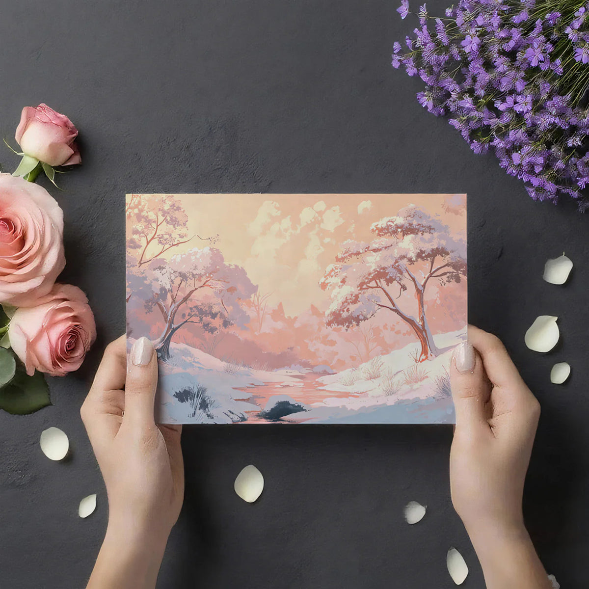Snowy Peach Blossom Valley Mural Wallpaper — Dreamy Pastel Landscape Mural Wallpaper - room preview 03