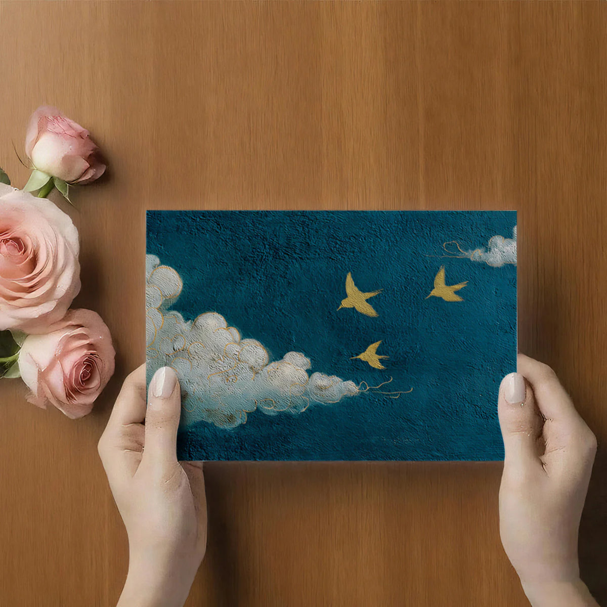 Golden Birds in Teal Sky Mural Wallpaper — Minimalist Artistic Style Mural Wallpaper - room preview 03