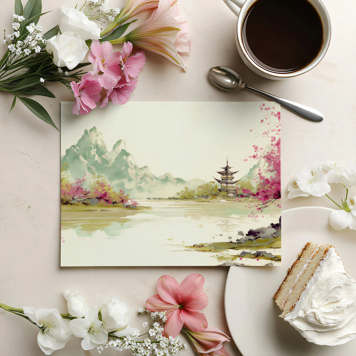 Zen Pagoda Landscape Mural Wallpaper — Painterly Ink Wash Style Mural Wallpaper - room preview 03