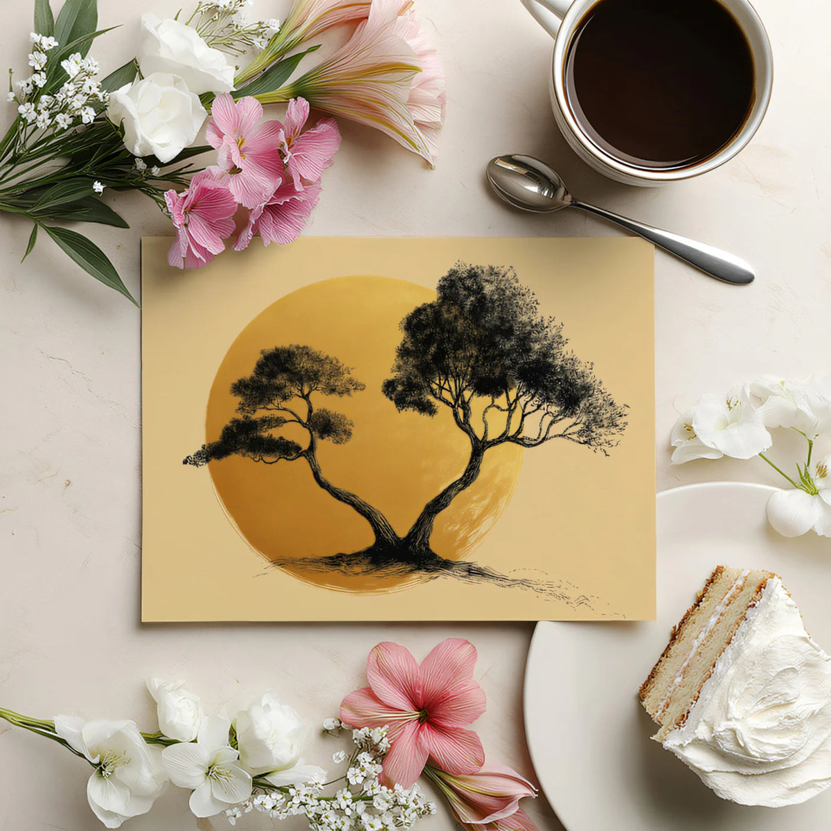 Entwined Tree Silhouette Mural Wallpaper with Golden Sun Backdrop Mural Wallpaper - room preview 03