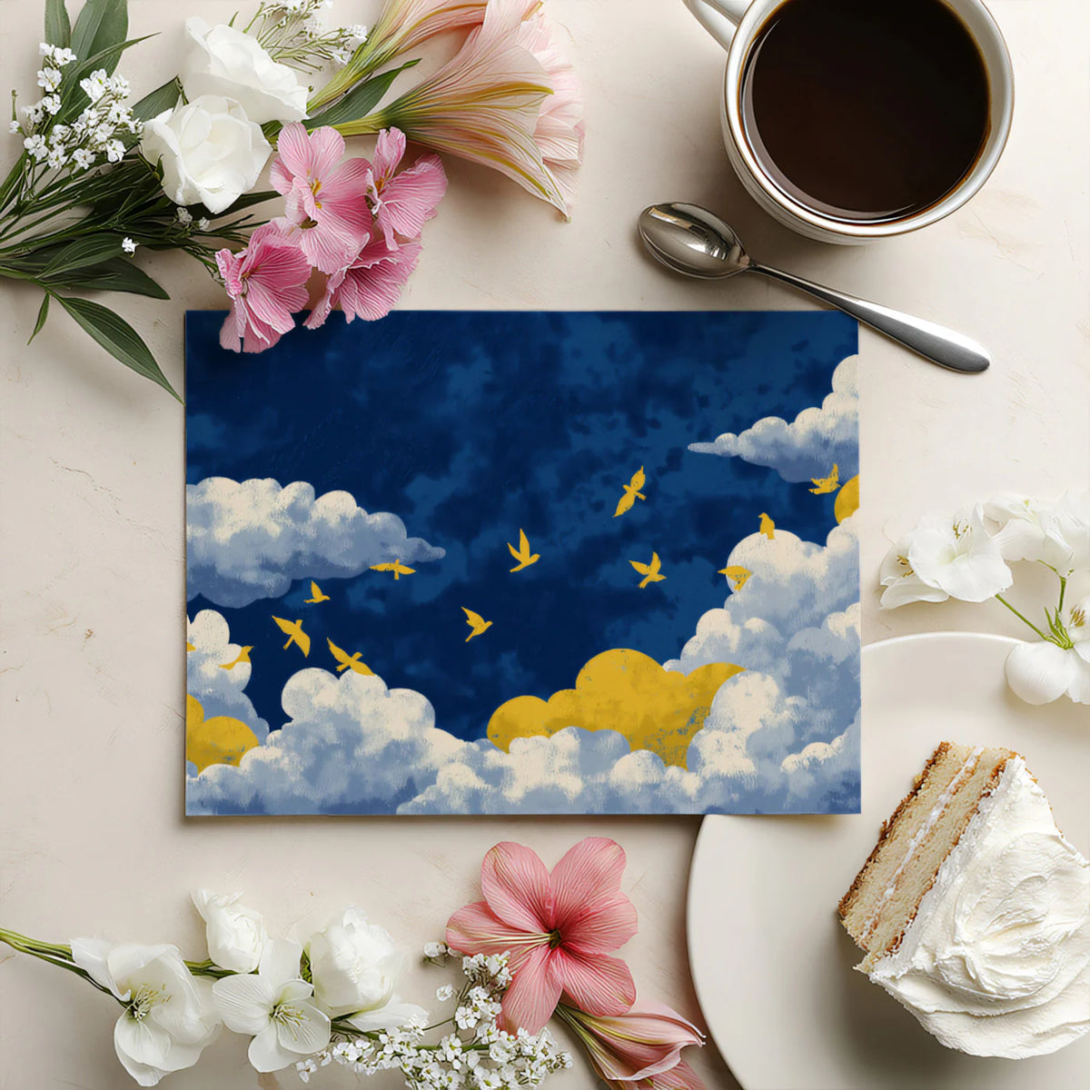Golden Swallows Mural Wallpaper — Painterly Indigo Sky Pattern Mural Wallpaper - room preview 03