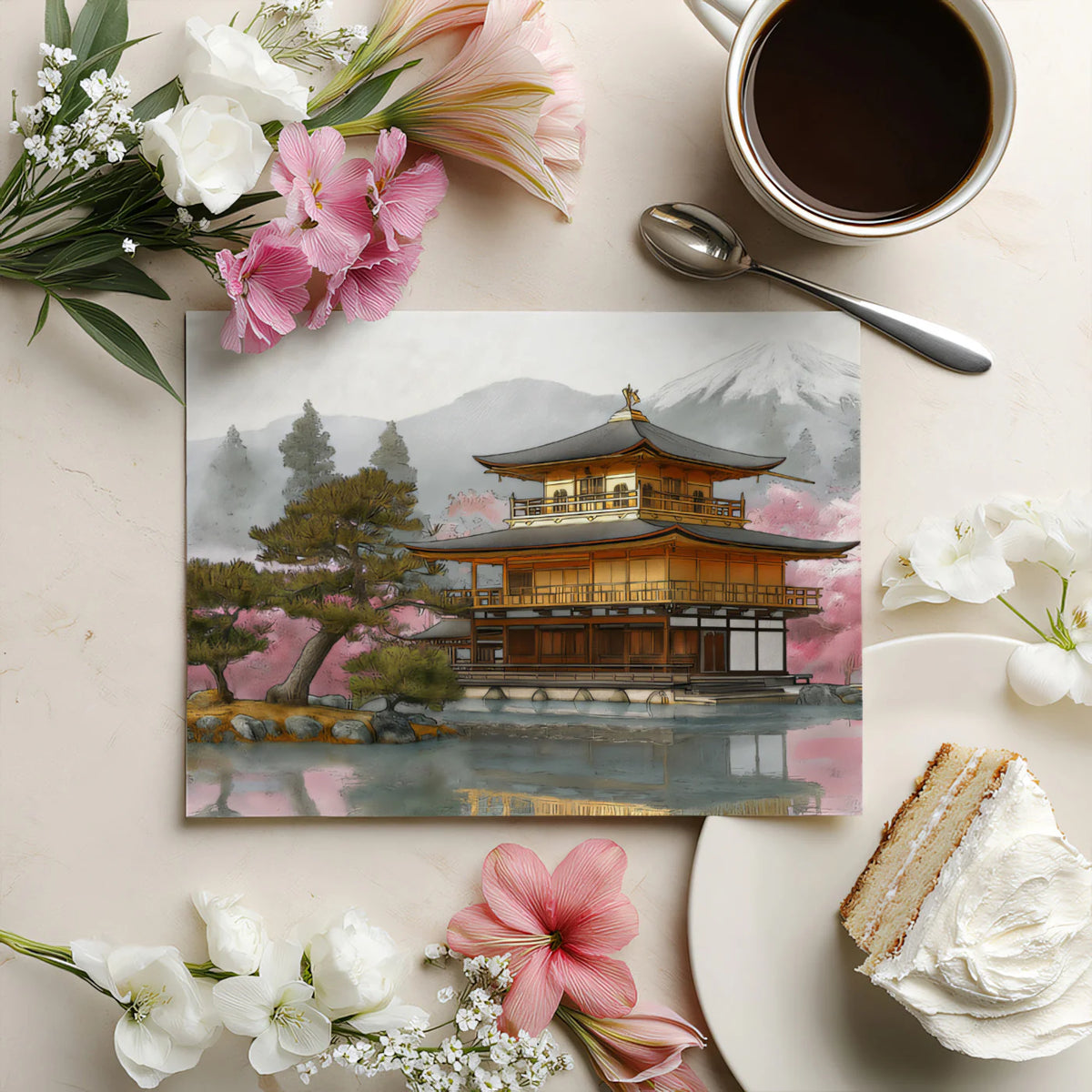 Golden Pavilion Zen Landscape Mural Wallpaper — Painterly Oriental Art Mural Wallpaper - room preview 03