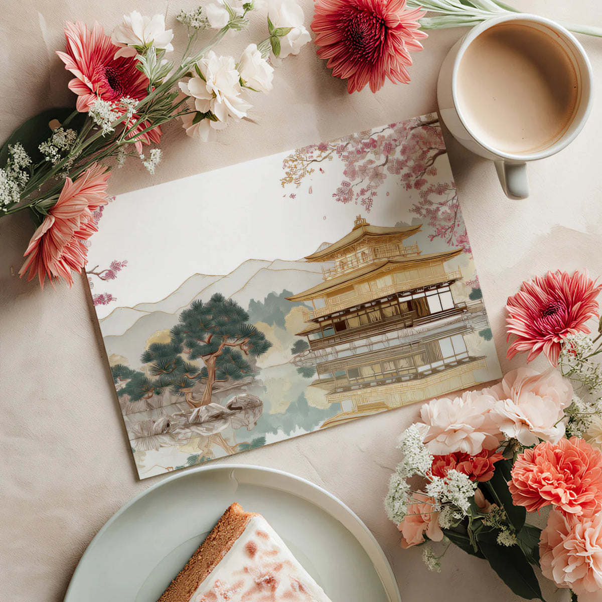 Golden Pavilion & Pink Blossom Mural Wallpaper — Oriental Landscape Mural Wallpaper - room preview 03
