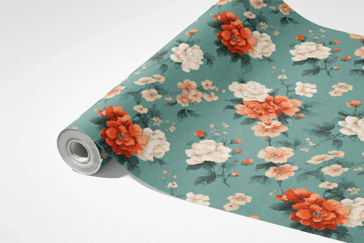 Vintage Rose Garden Floral Mural Wallpaper in Muted Teal Mural Wallpaper - room preview 03
