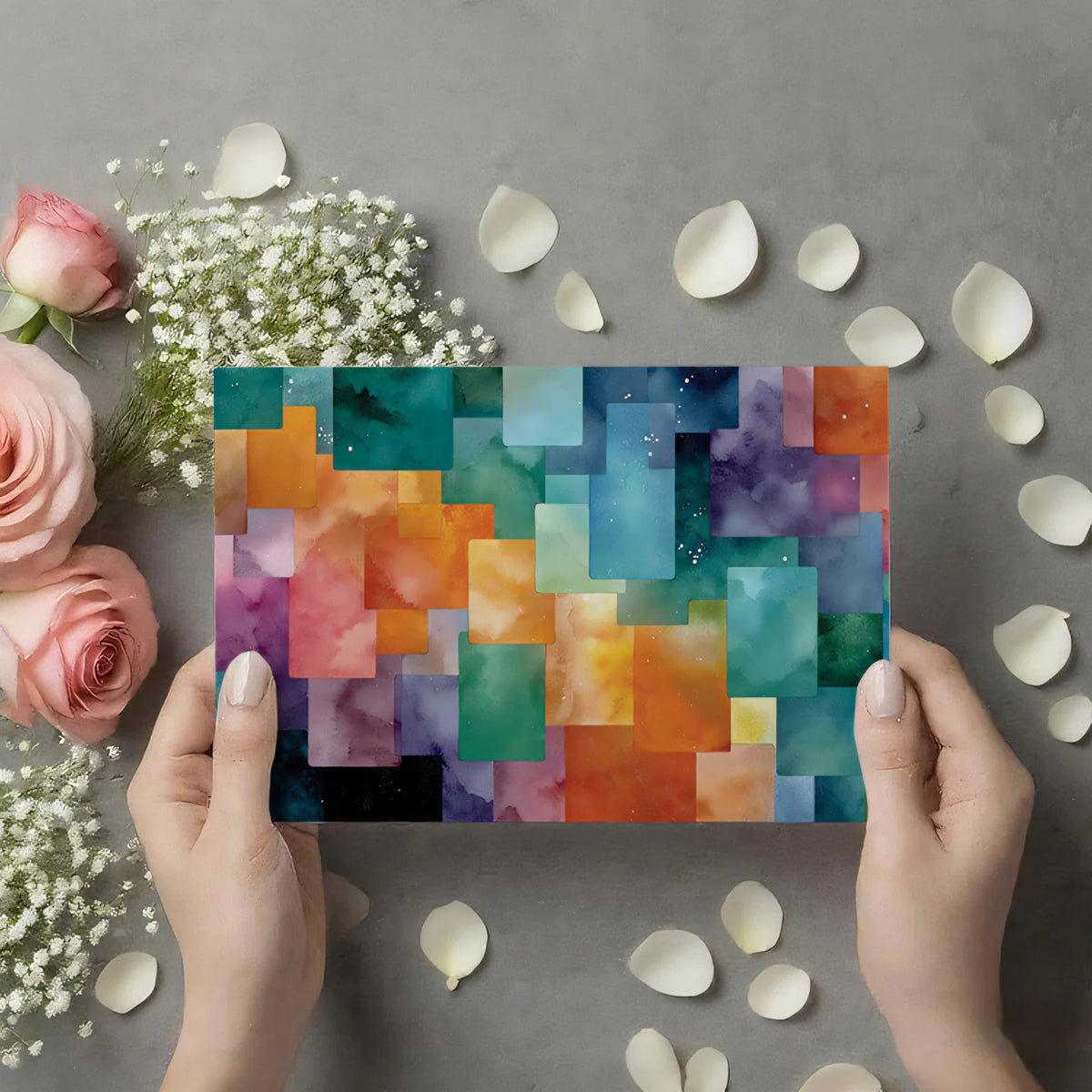 Abstract Watercolor Mosaic Mural Wallpaper — Vibrant Artistic Grid Mural Wallpaper - room preview 03
