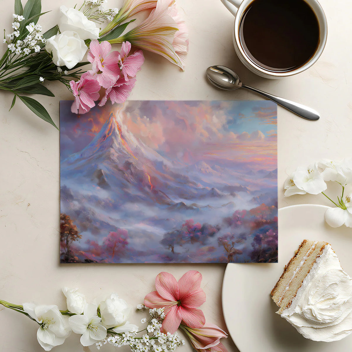 Erupting Volcano Mural Wallpaper — Surreal Pastel Mountain Scenery Mural Wallpaper - room preview 03