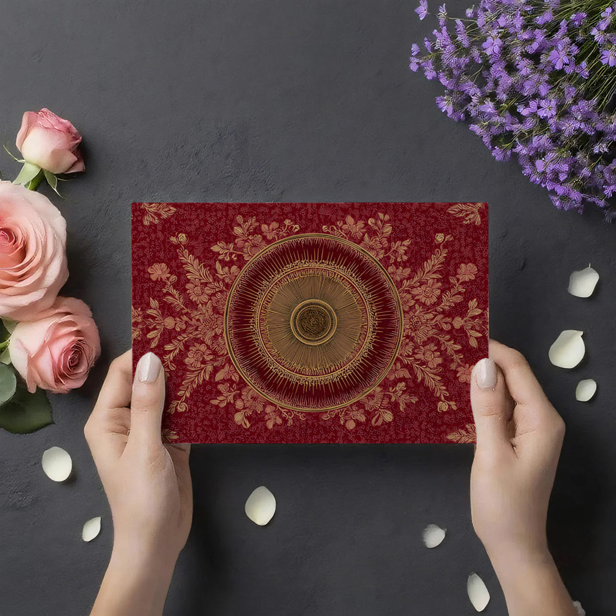 Crimson and Gold Mandala Mural Wallpaper — Royal Floral Pattern Mural Wallpaper - room preview 03