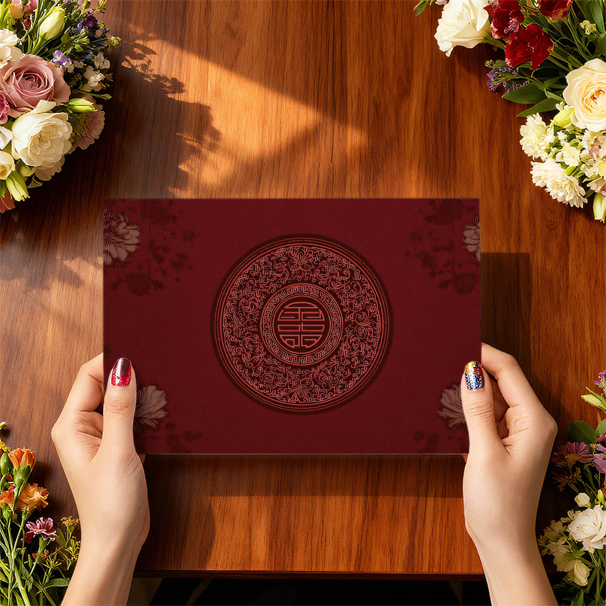 Imperial Crimson Shou Symbol Mural Wallpaper — Traditional Heritage Mural Wallpaper - room preview 03
