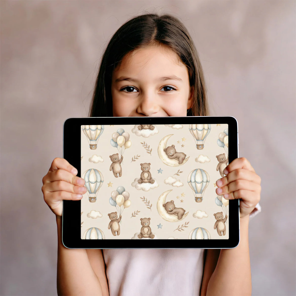 Sleepy Bear and Moon Mural Wallpaper — Soft Whimsical Pattern Mural Wallpaper - room preview 03