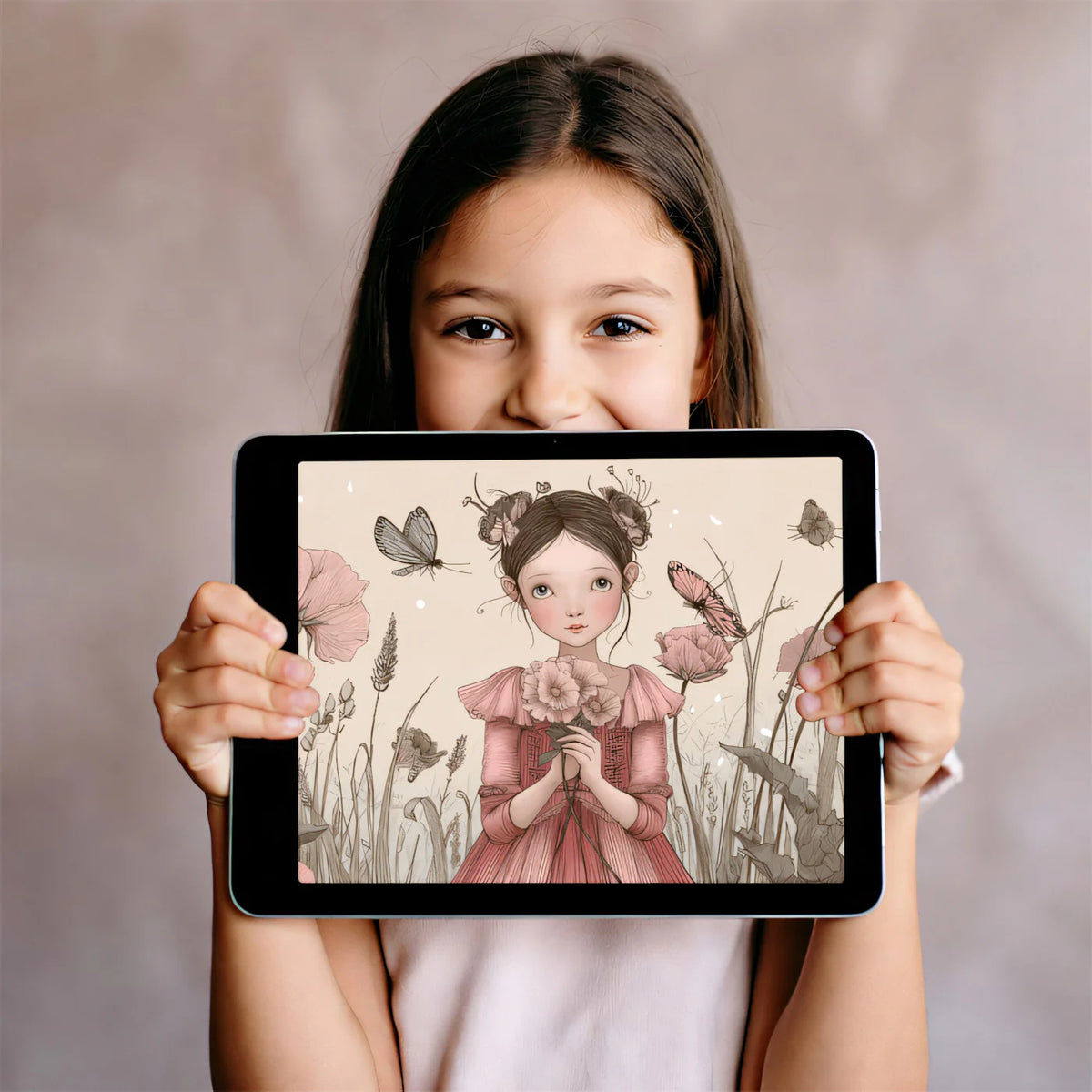 Girl and Poppies Floral Mural Wallpaper — Whimsical Illustration Mural Wallpaper - room preview 03