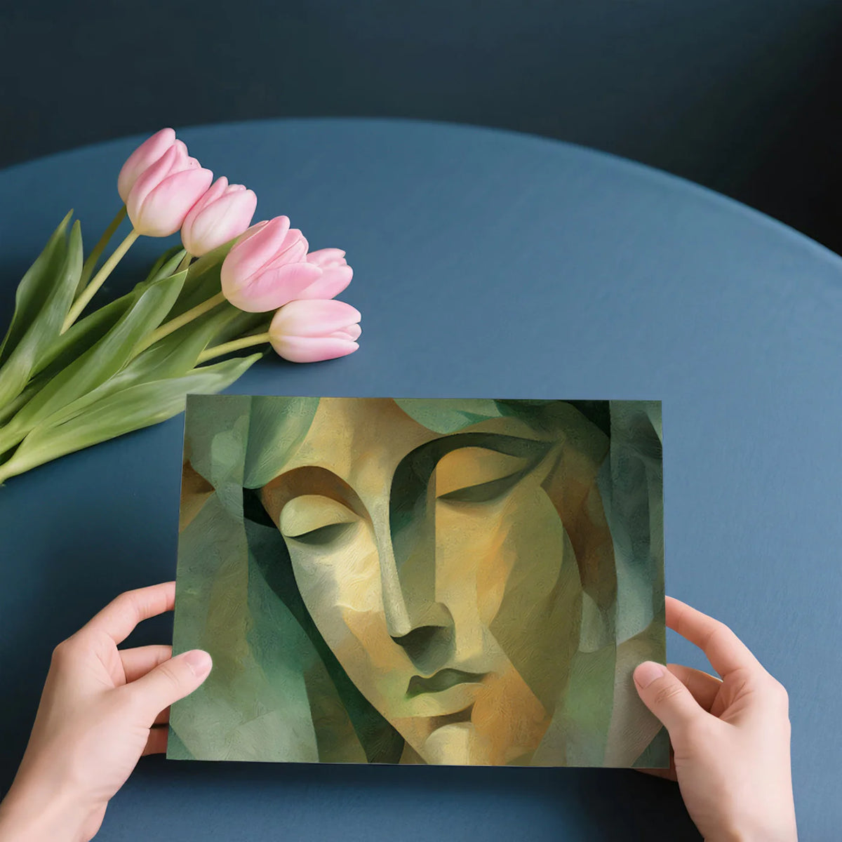 Cubist Portrait Mural Wallpaper — Artistic Green and Gold Mural Wallpaper - room preview 03