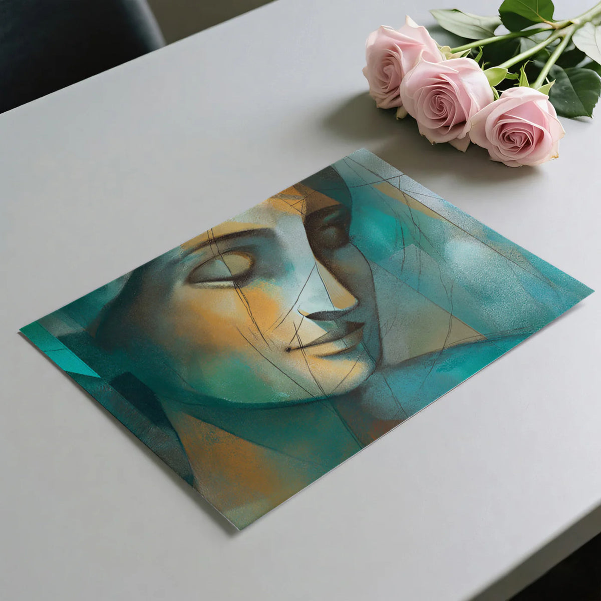 Abstract Cubist Portrait Mural Wallpaper in Teal and Ochre Mural Wallpaper - room preview 03